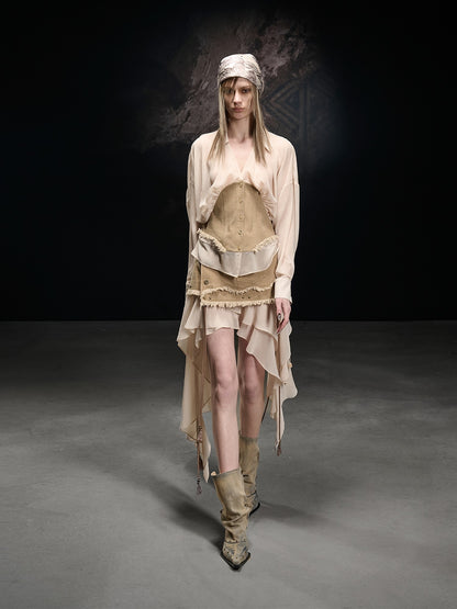 NORTH NODE Khaki Splice Cinched Waist V-neck Slim Women&