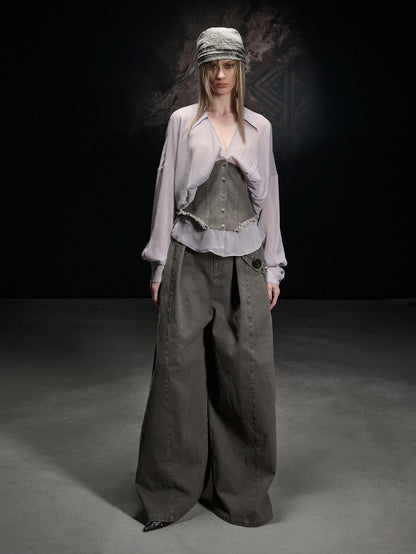 NORTH NODE Khaki Splice Cinched Waist V-neck Slim Women&