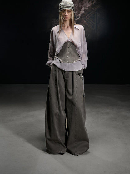 NORTH NODE Khaki Splice Cinched Waist V-neck Slim Women&