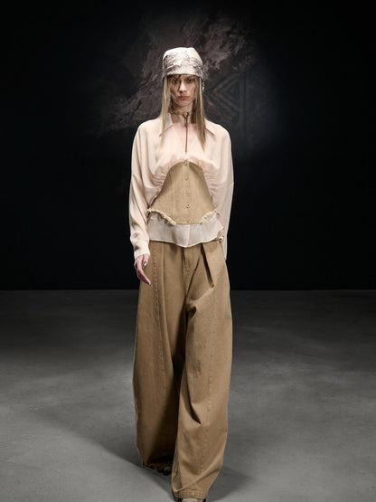 NORTH NODE Khaki Splice Cinched Waist V-neck Slim Women&