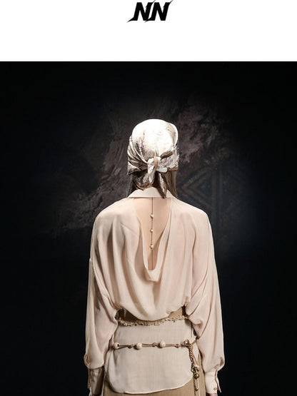 NORTH NODE Khaki Splice Cinched Waist V-neck Slim Women&