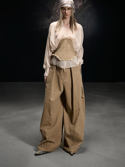 NORTH NODE Khaki Splice Cinched Waist V-neck Slim Women&