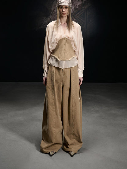 NORTH NODE Khaki Splice Cinched Waist V-neck Slim Women&