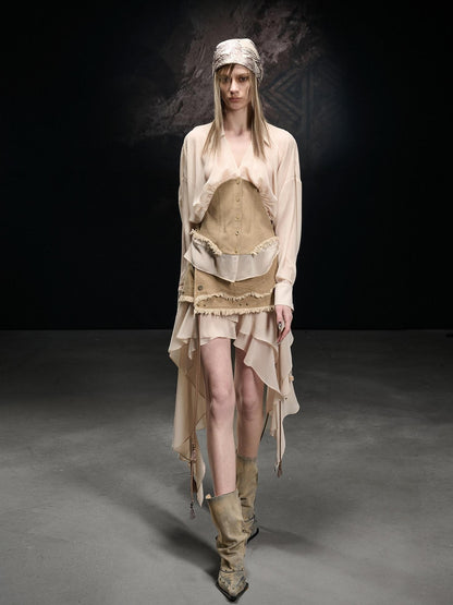 NORTH NODE Khaki Splice Cinched Waist V-neck Slim Women&