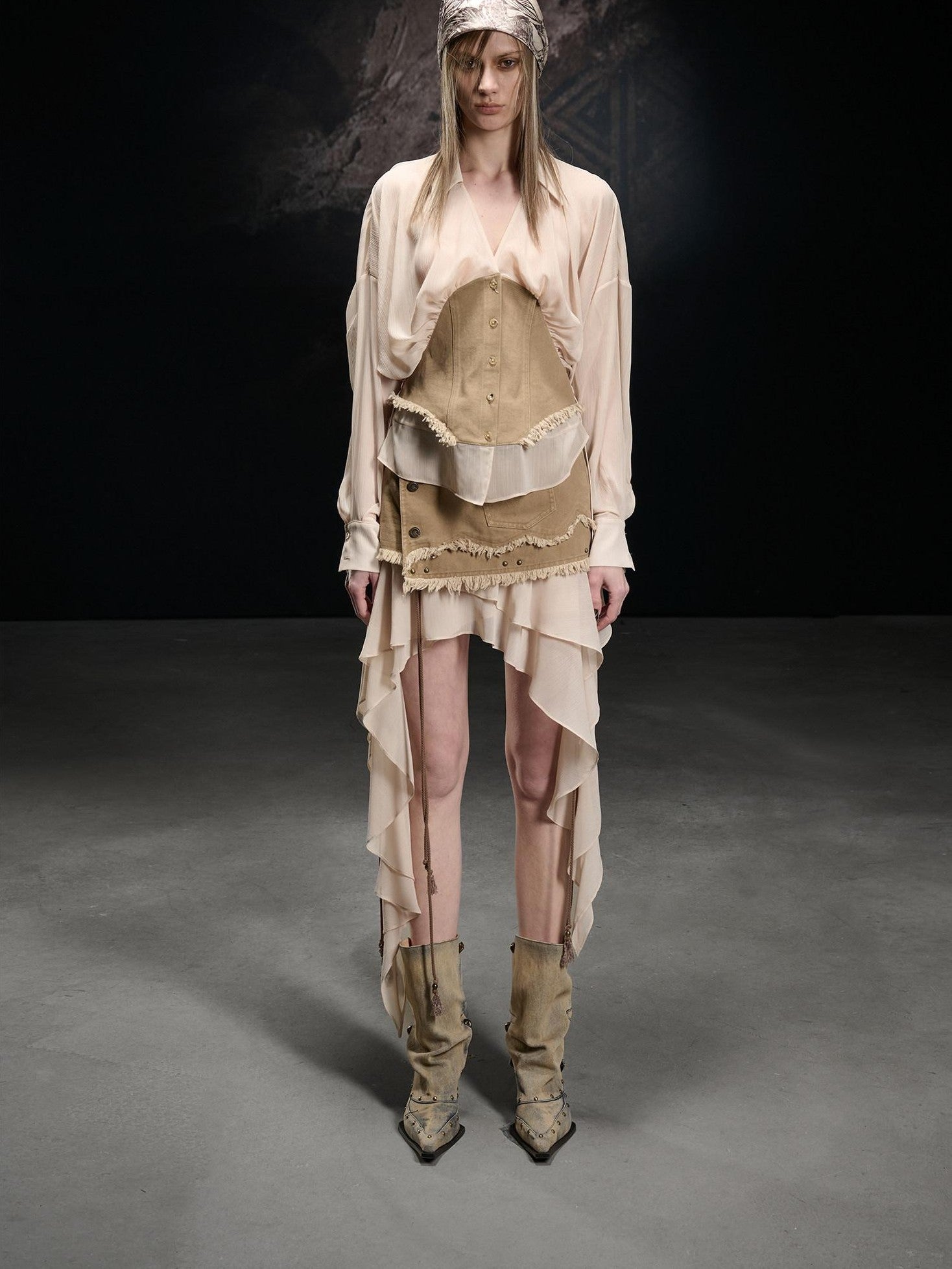 NORTH NODE Khaki Splice Cinched Waist V-neck Slim Women&