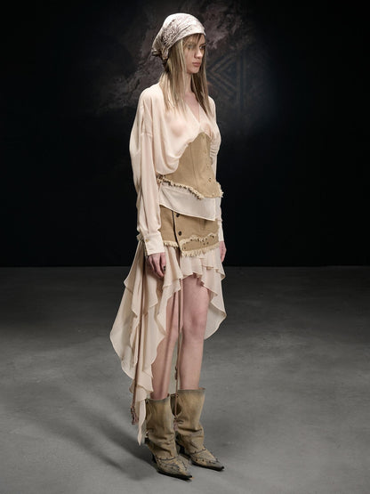 NORTH NODE Khaki Splice Cinched Waist V-neck Slim Women&