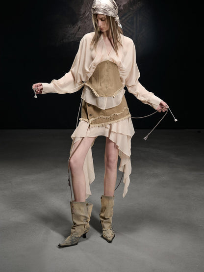 NORTH NODE Khaki Splice Cinched Waist V-neck Slim Women&