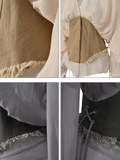 NORTH NODE Khaki Splice Cinched Waist V-neck Slim Women&