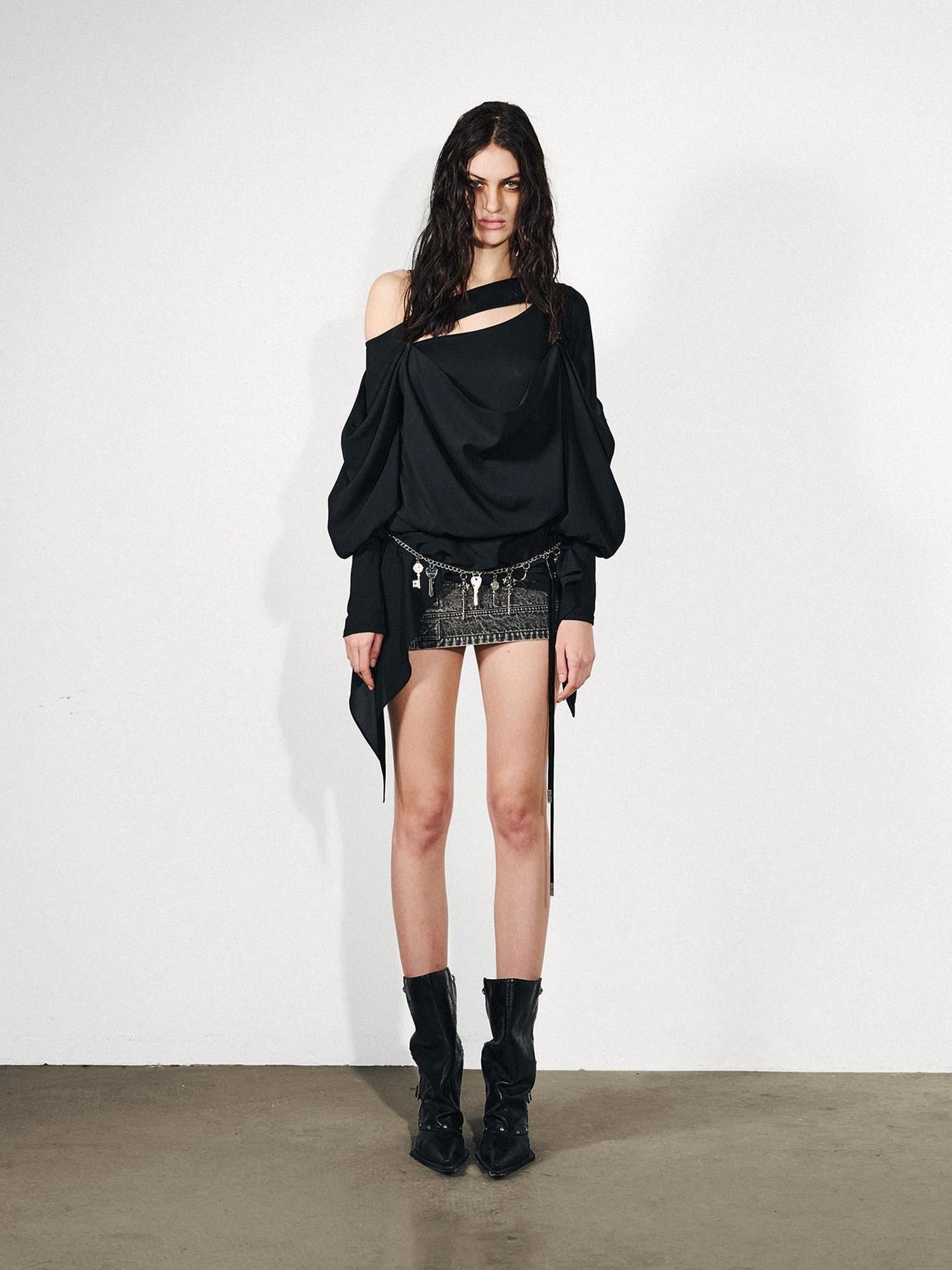 NORTH NODE Knit Splice Asymmetric Ruffle One Shoulder Women&