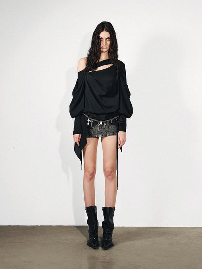 NORTH NODE Knit Splice Asymmetric Ruffle One Shoulder Women&
