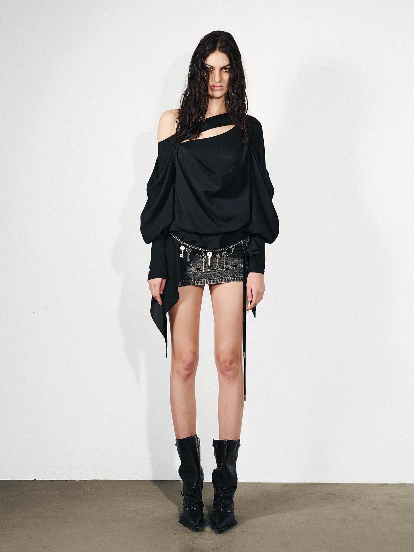 NORTH NODE Knit Splice Asymmetric Ruffle One Shoulder Women&