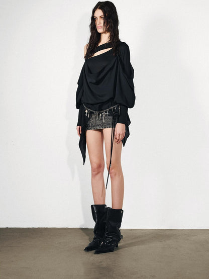 NORTH NODE Knit Splice Asymmetric Ruffle One Shoulder Women&