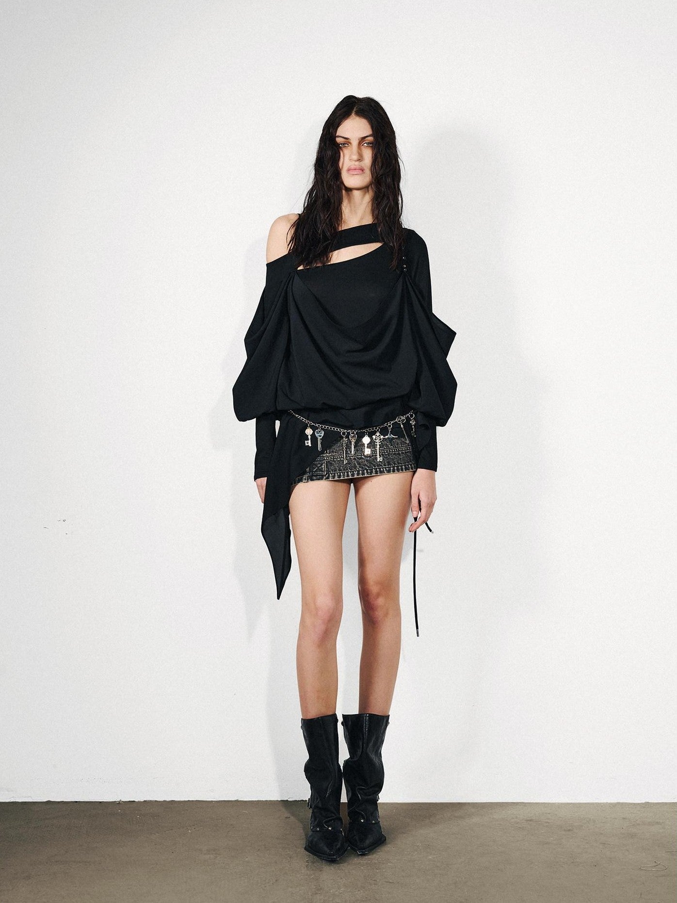 NORTH NODE Knit Splice Asymmetric Ruffle One Shoulder Women&