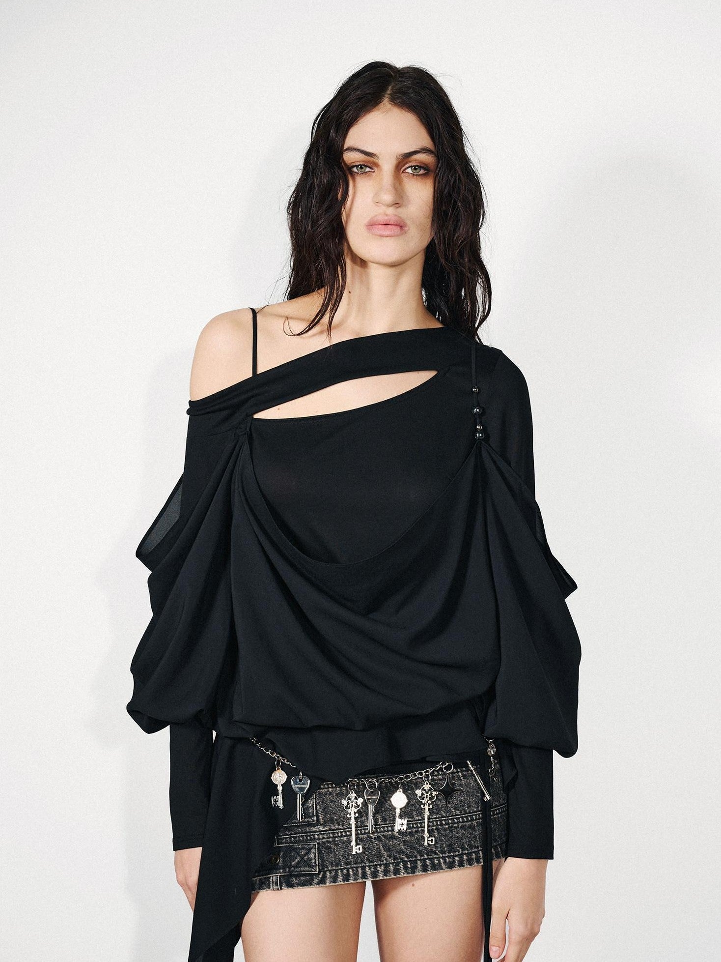 NORTH NODE Knit Splice Asymmetric Ruffle One Shoulder Women&