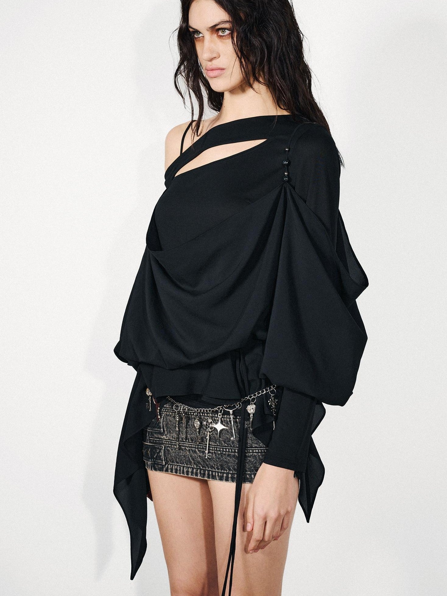 NORTH NODE Knit Splice Asymmetric Ruffle One Shoulder Women&