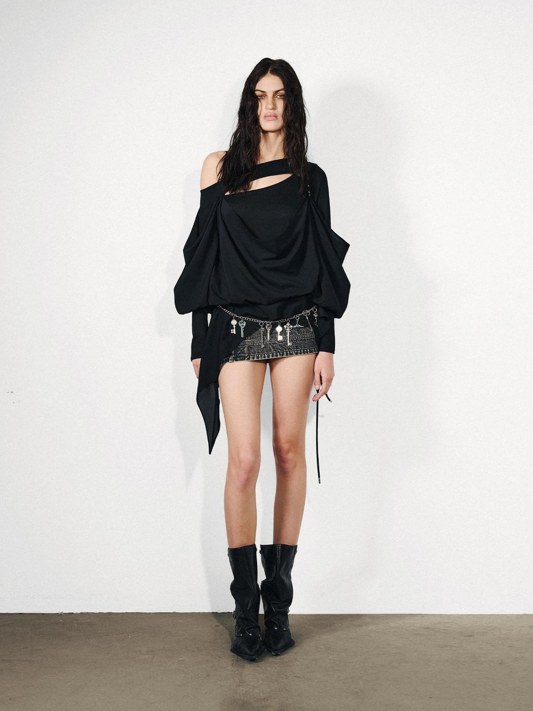 NORTH NODE Knit Splice Asymmetric Ruffle One Shoulder Women&