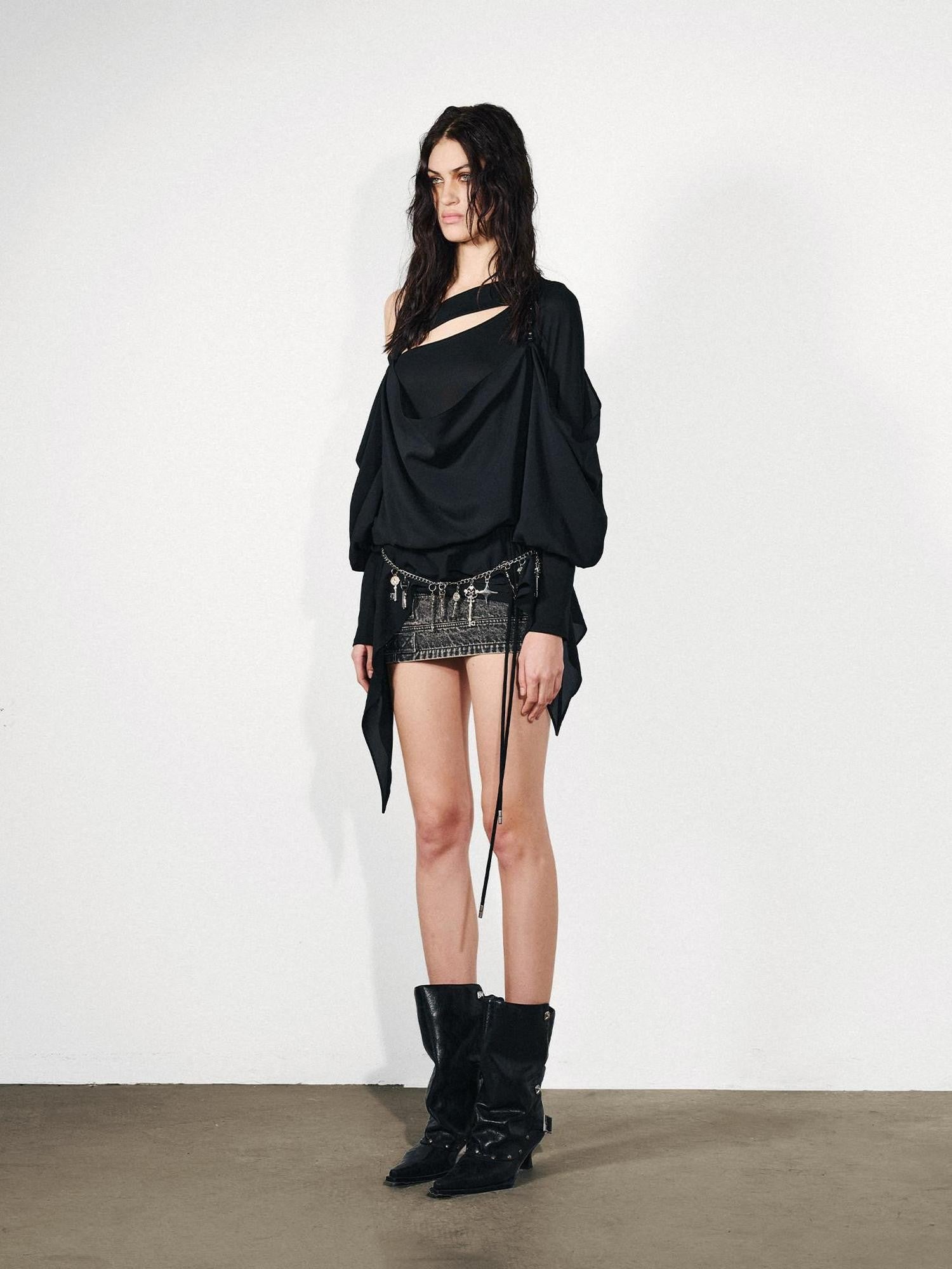 NORTH NODE Knit Splice Asymmetric Ruffle One Shoulder Women&