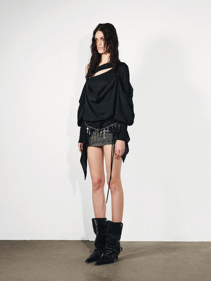 NORTH NODE Knit Splice Asymmetric Ruffle One Shoulder Women&