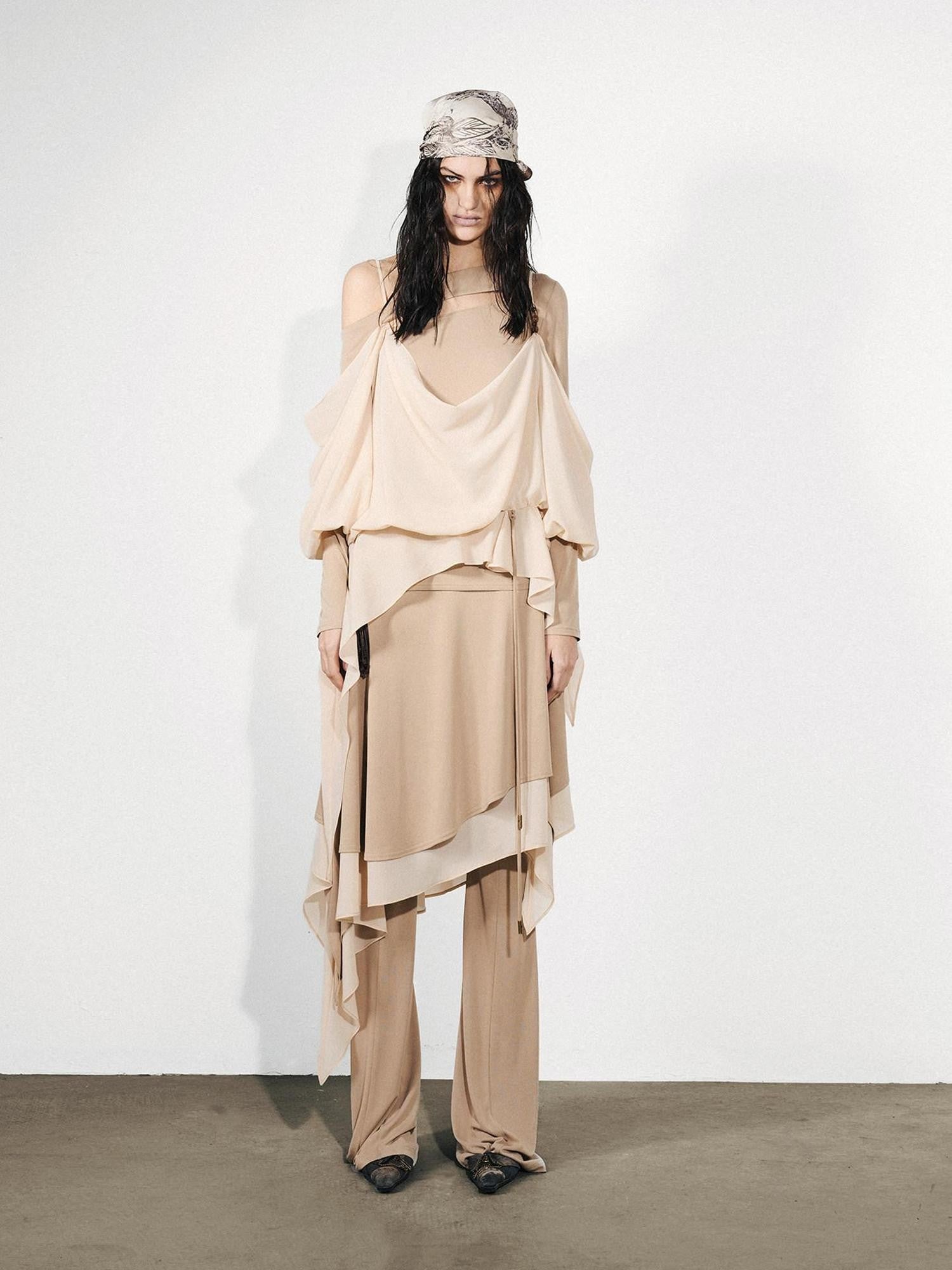 NORTH NODE Knit Splice Asymmetric Ruffle One Shoulder Women&