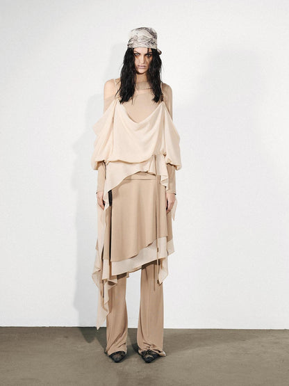 NORTH NODE Knit Splice Asymmetric Ruffle One Shoulder Women&