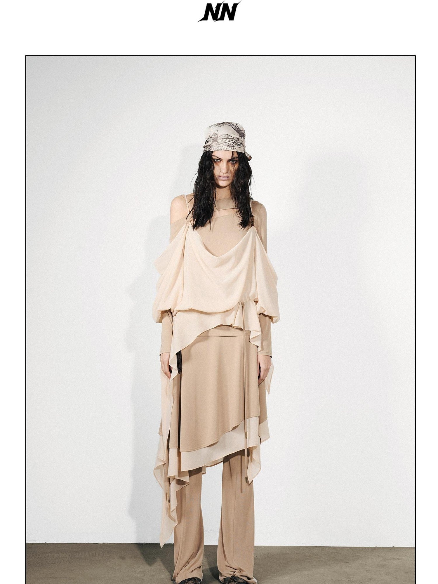 NORTH NODE Knit Splice Asymmetric Ruffle One Shoulder Women&