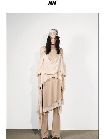 NORTH NODE Knit Splice Asymmetric Ruffle One Shoulder Women&