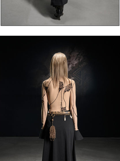 NORTH NODE Lace Mesh Spliced Long Sleeve Fitted Women&