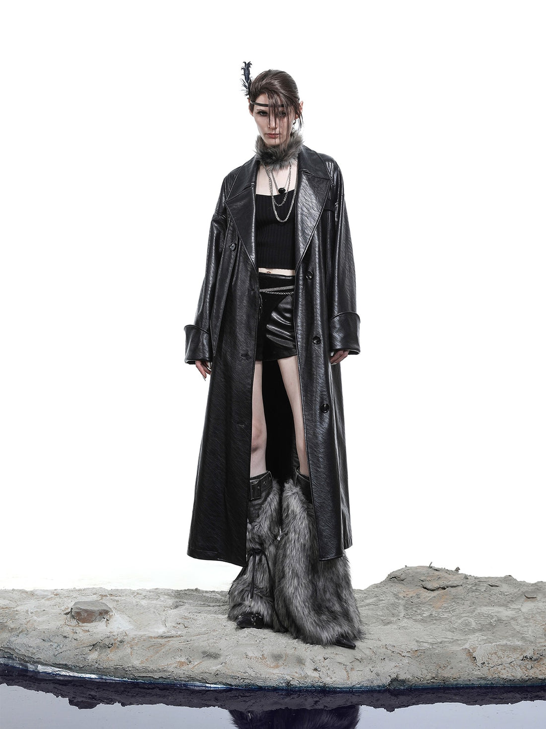 NORTH NODE Lacquered Detachable Waist Belt Pockets Blazer Collar Women&