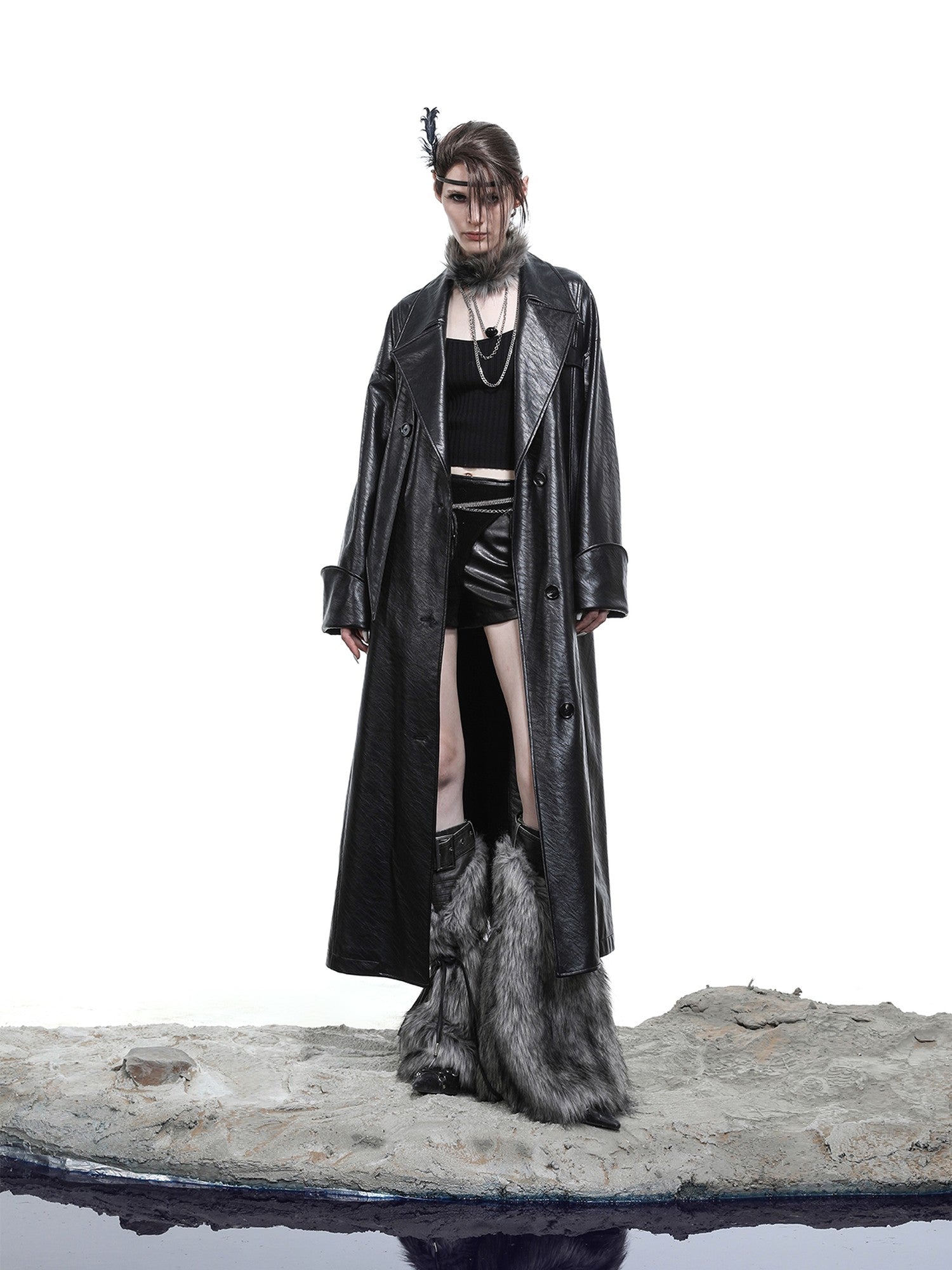 NORTH NODE Lacquered Detachable Waist Belt Pockets Blazer Collar Women&