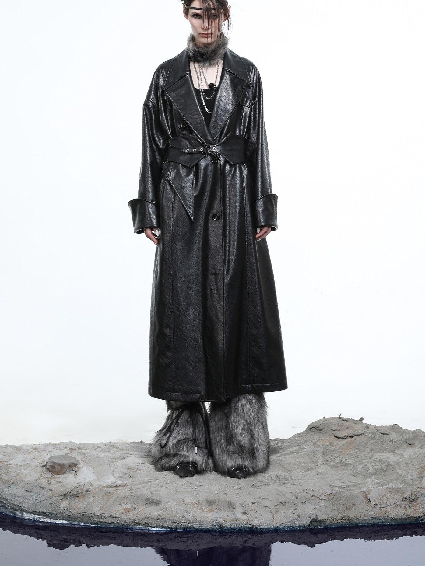 NORTH NODE Lacquered Detachable Waist Belt Pockets Blazer Collar Women&