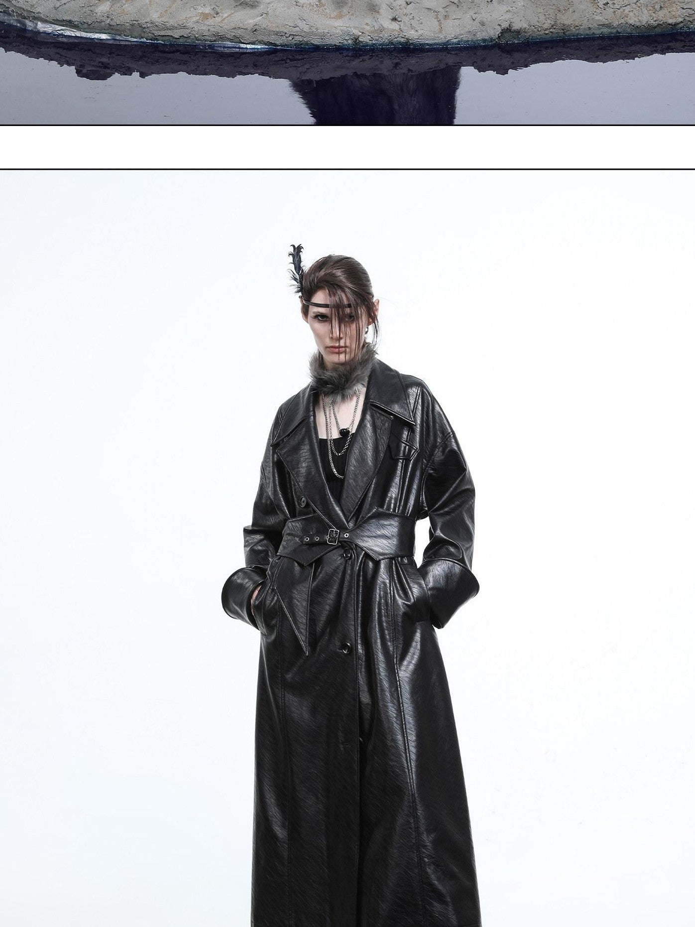 NORTH NODE Lacquered Detachable Waist Belt Pockets Blazer Collar Women&