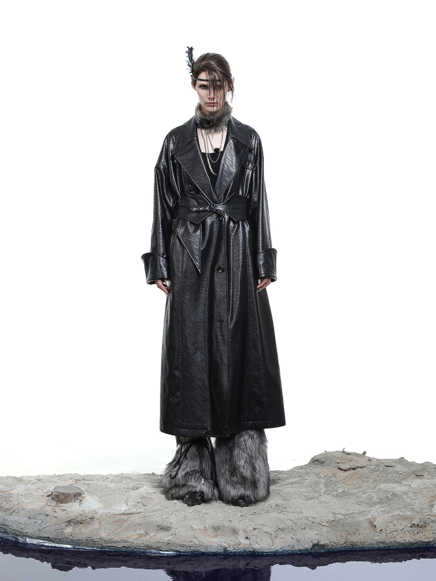 NORTH NODE Lacquered Detachable Waist Belt Pockets Blazer Collar Women&