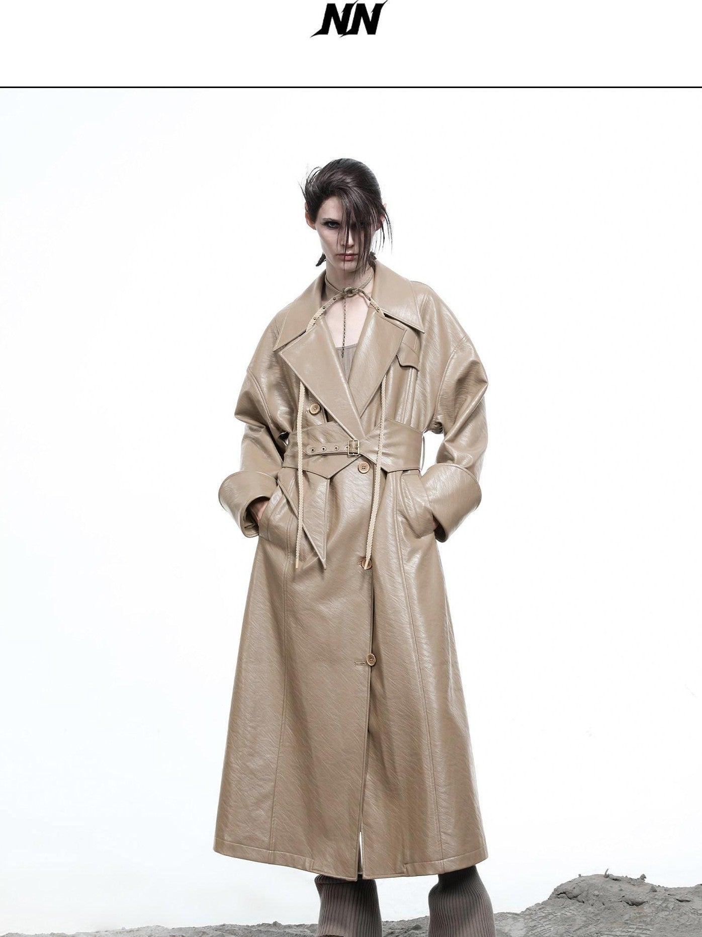NORTH NODE Lacquered Detachable Waist Belt Pockets Blazer Collar Women&