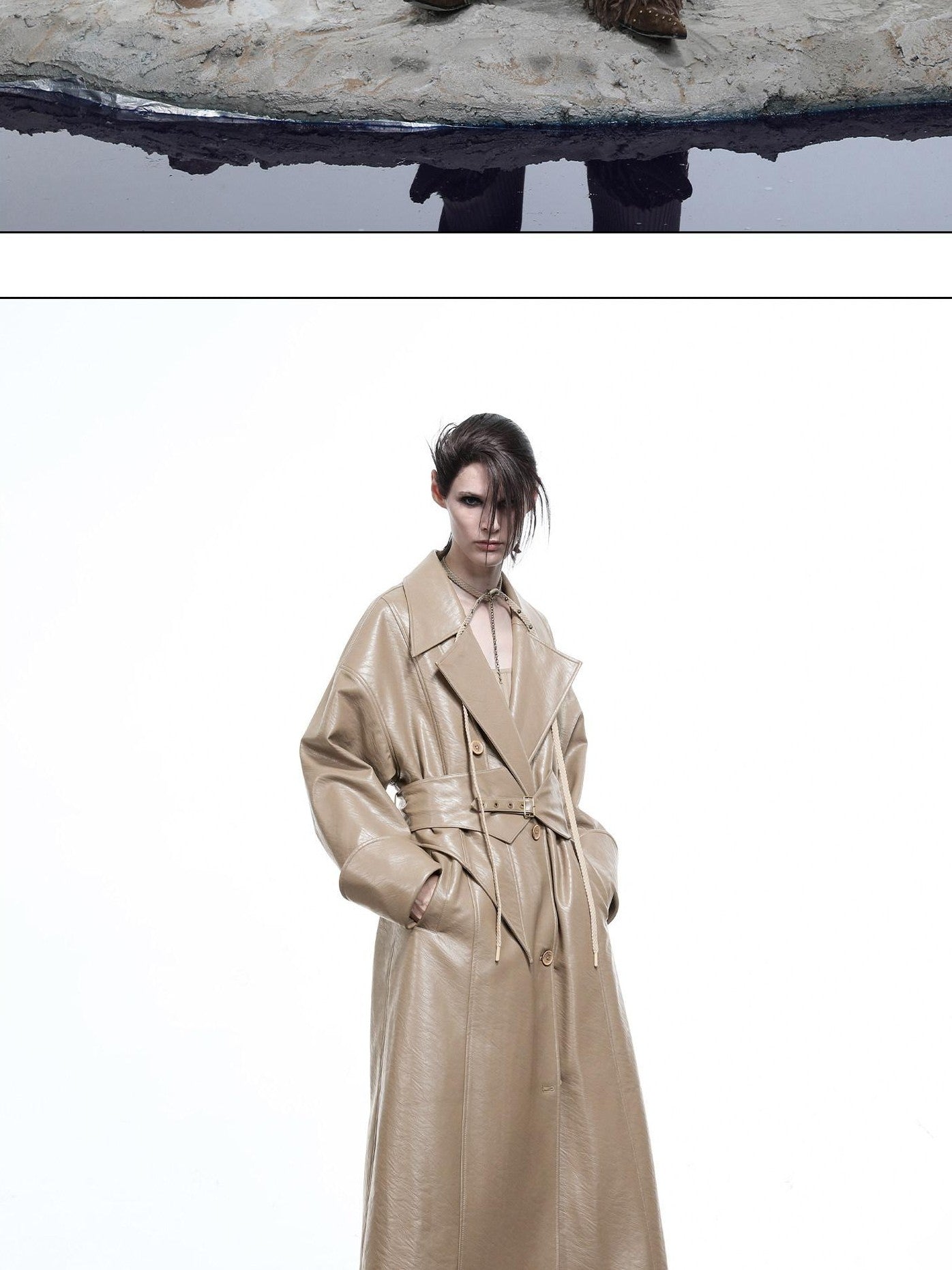 NORTH NODE Lacquered Detachable Waist Belt Pockets Blazer Collar Women&