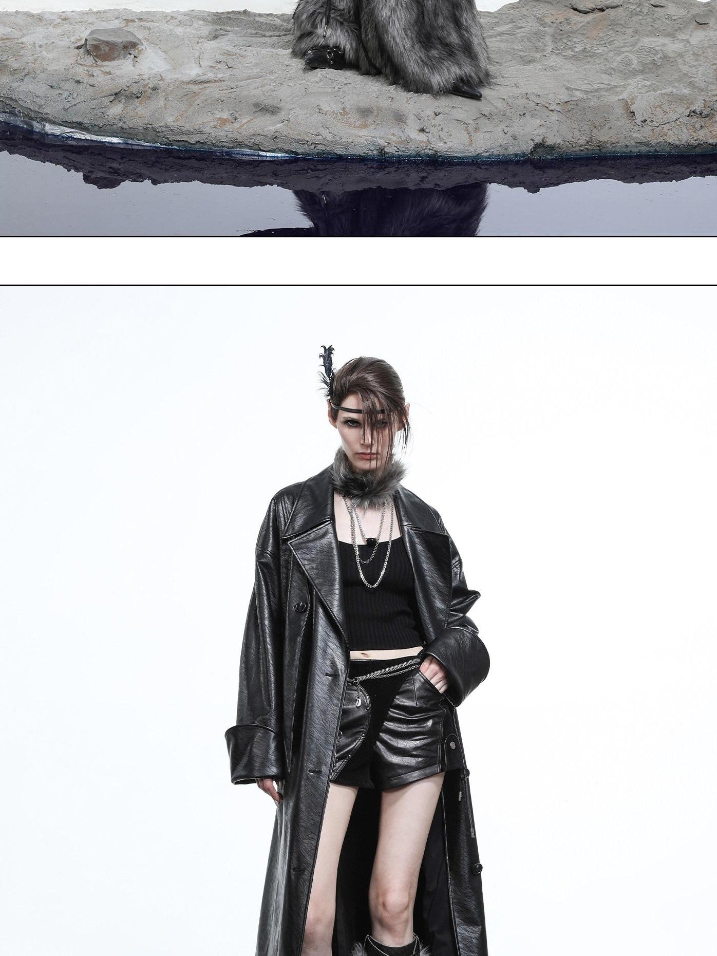 NORTH NODE Lacquered Detachable Waist Belt Pockets Blazer Collar Women&