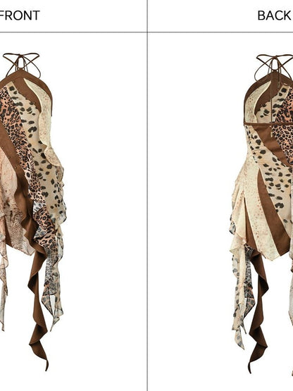 NORTH NODE Leopard Patchwork Print Asymmetrical Ruffle Women&