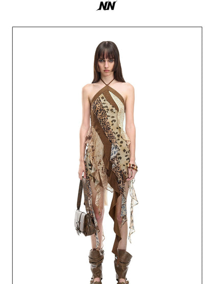NORTH NODE Leopard Patchwork Print Asymmetrical Ruffle Women&
