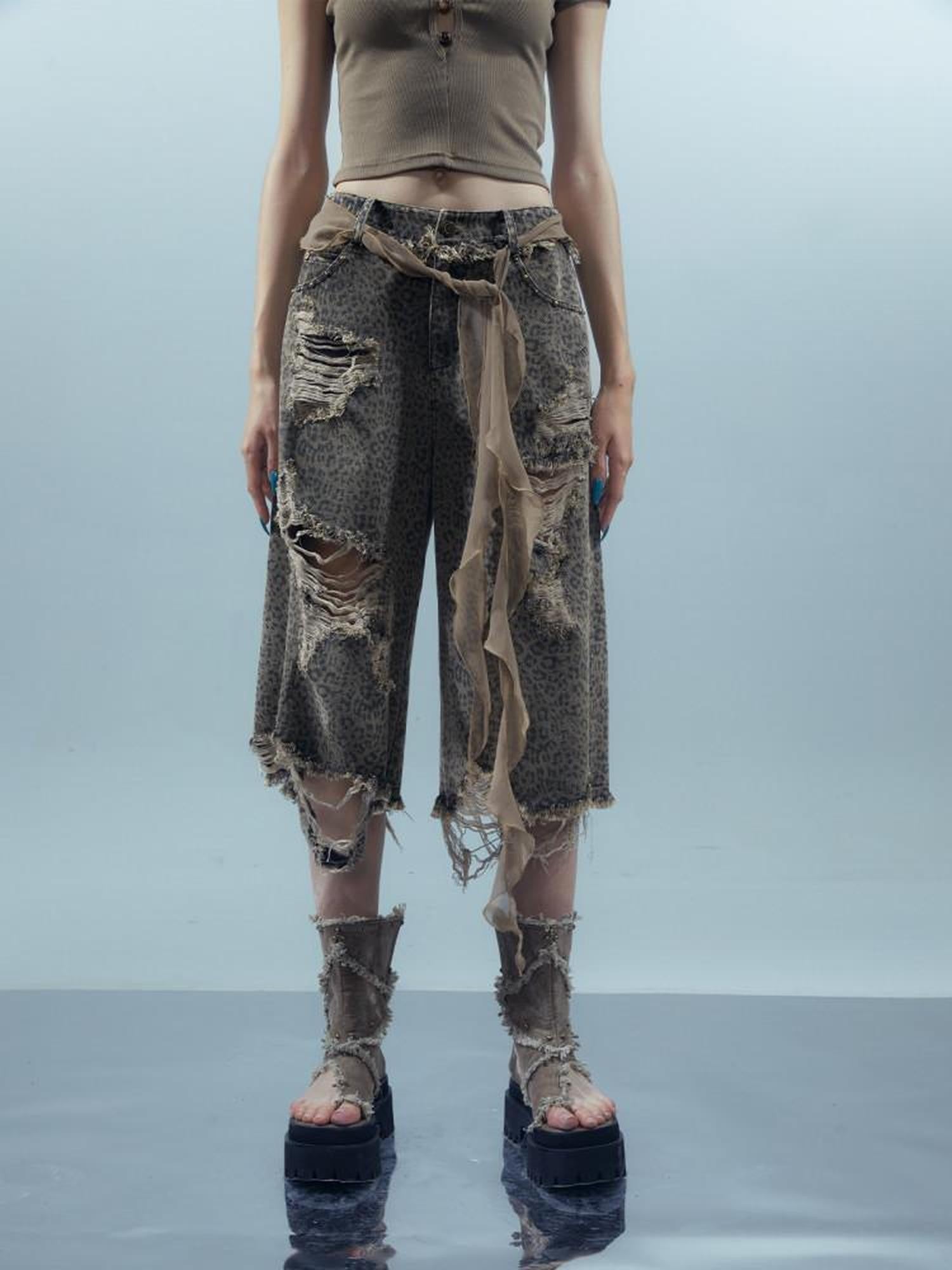 NORTH NODE Leopard Print Washed Distressed Wasteland Style Women&