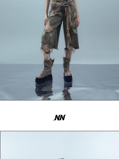 NORTH NODE Leopard Print Washed Distressed Wasteland Style Women&
