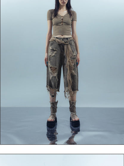 NORTH NODE Leopard Print Washed Distressed Wasteland Style Women&