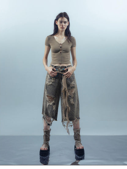NORTH NODE Leopard Print Washed Distressed Wasteland Style Women&