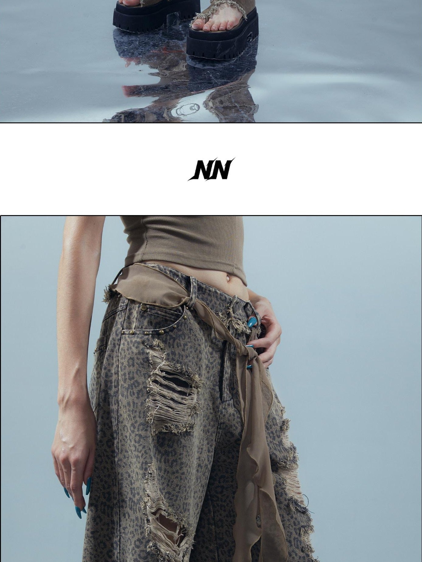 NORTH NODE Leopard Print Washed Distressed Wasteland Style Women&