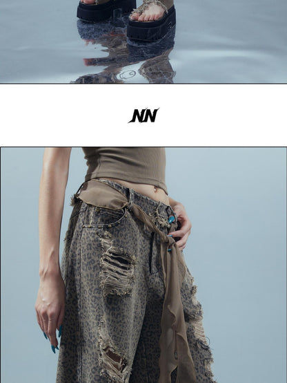 NORTH NODE Leopard Print Washed Distressed Wasteland Style Women&