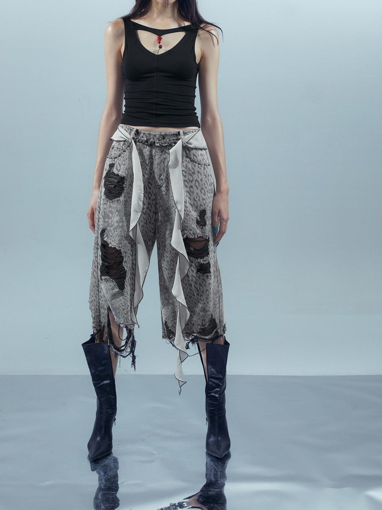 NORTH NODE Leopard Print Washed Distressed Wasteland Style Women&