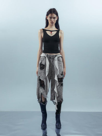 NORTH NODE Leopard Print Washed Distressed Wasteland Style Women&