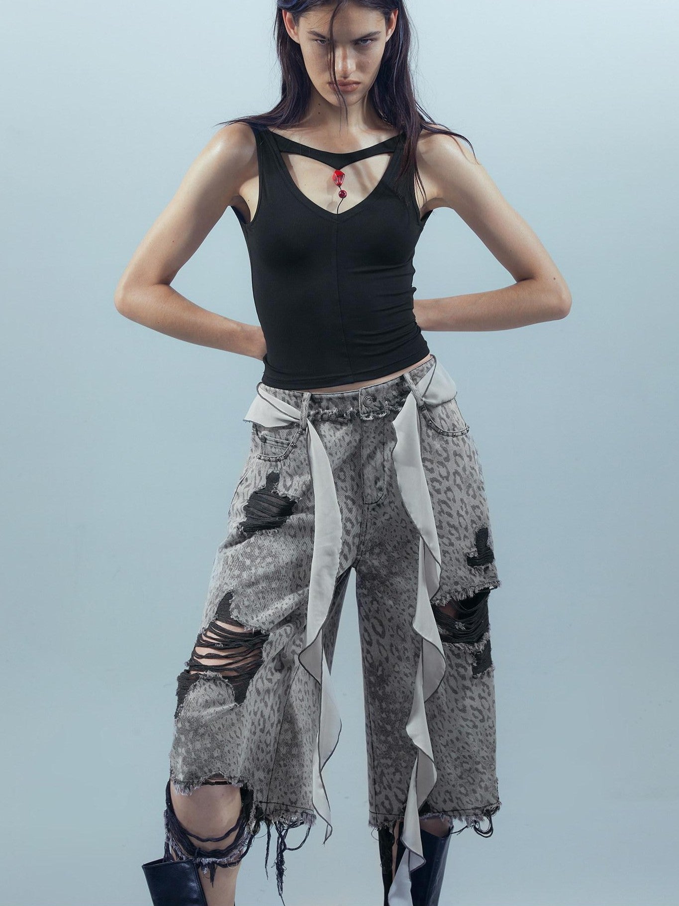 NORTH NODE Leopard Print Washed Distressed Wasteland Style Women&