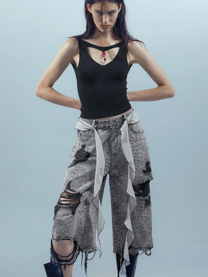 NORTH NODE Leopard Print Washed Distressed Wasteland Style Women&