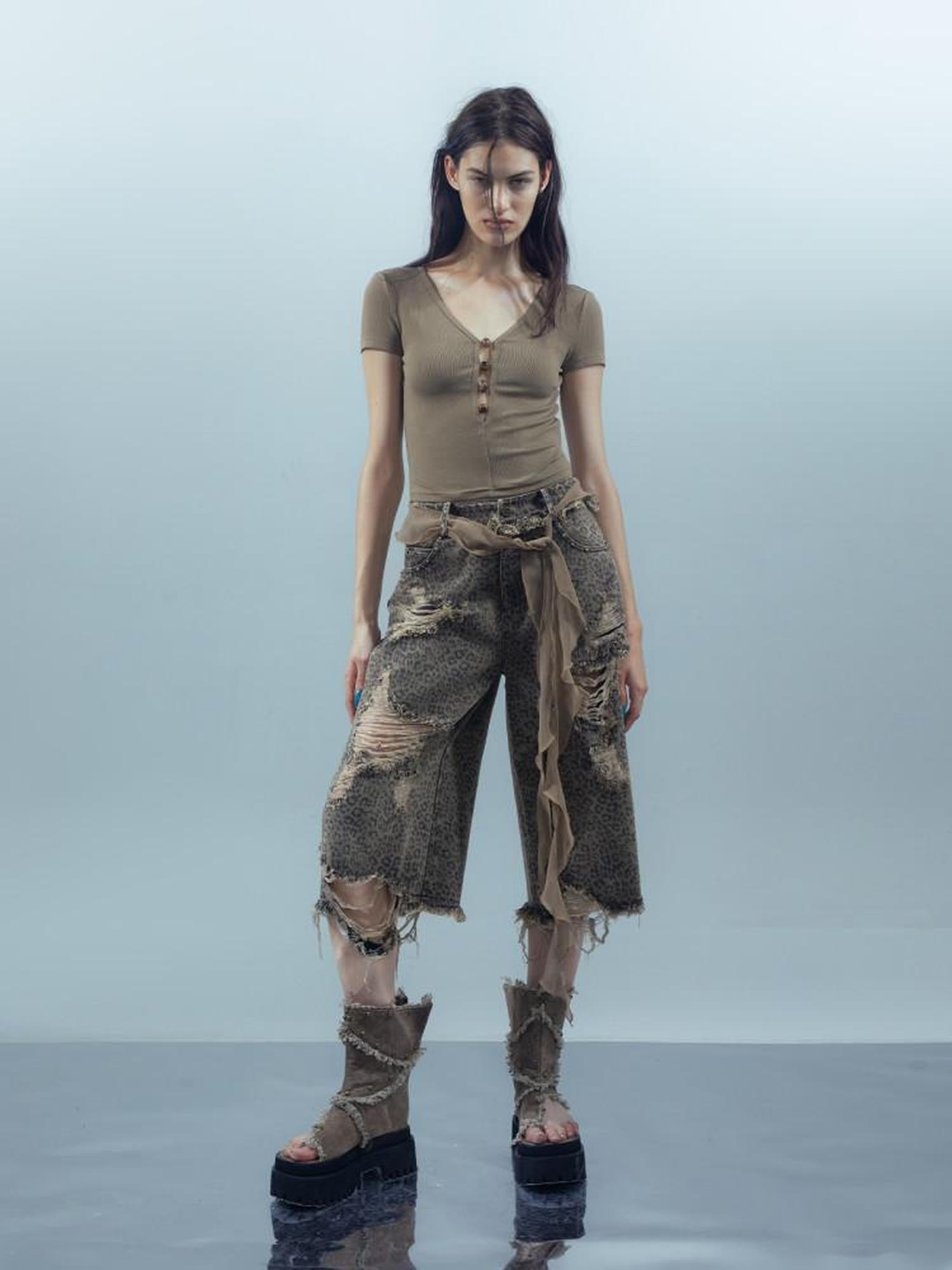 NORTH NODE Leopard Print Washed Distressed Wasteland Style Women&