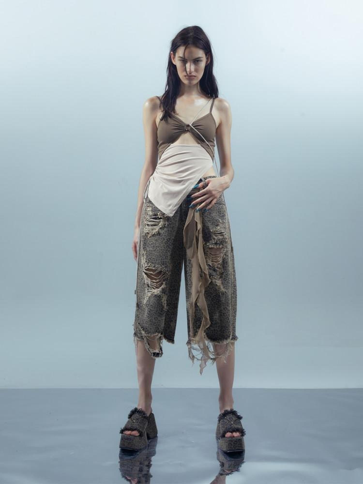 NORTH NODE Leopard Print Washed Distressed Wasteland Style Women&