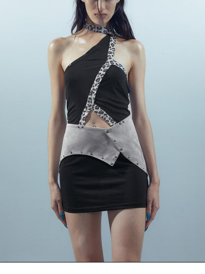 NORTH NODE Leopard Trim Spliced One Shoulder Women&